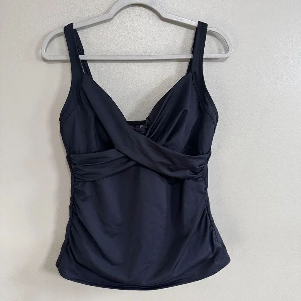 Lands End Tankini Top Underwire Removable Pads Tummy Control Ruched Black 12